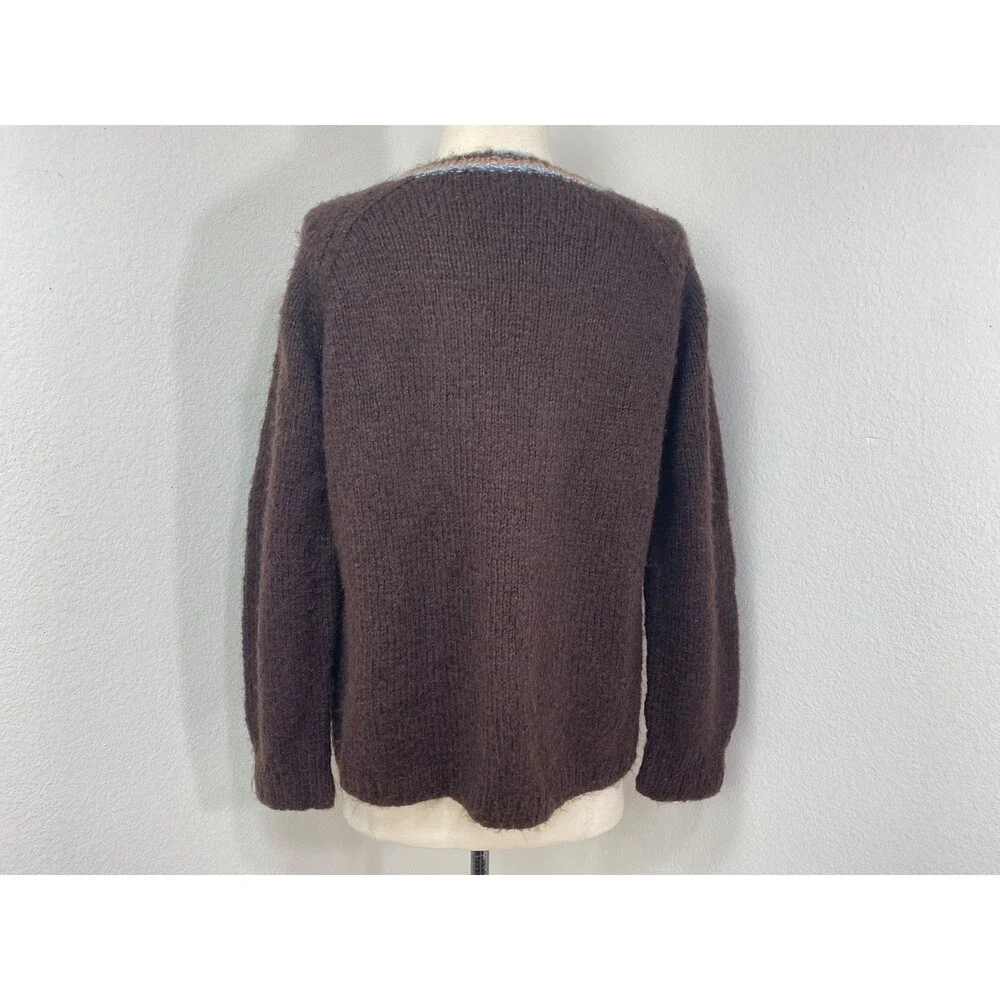 Vintage Hand Knit Brown Wool Open Front Cardigan Mohair Blue Trim Pockets S/M